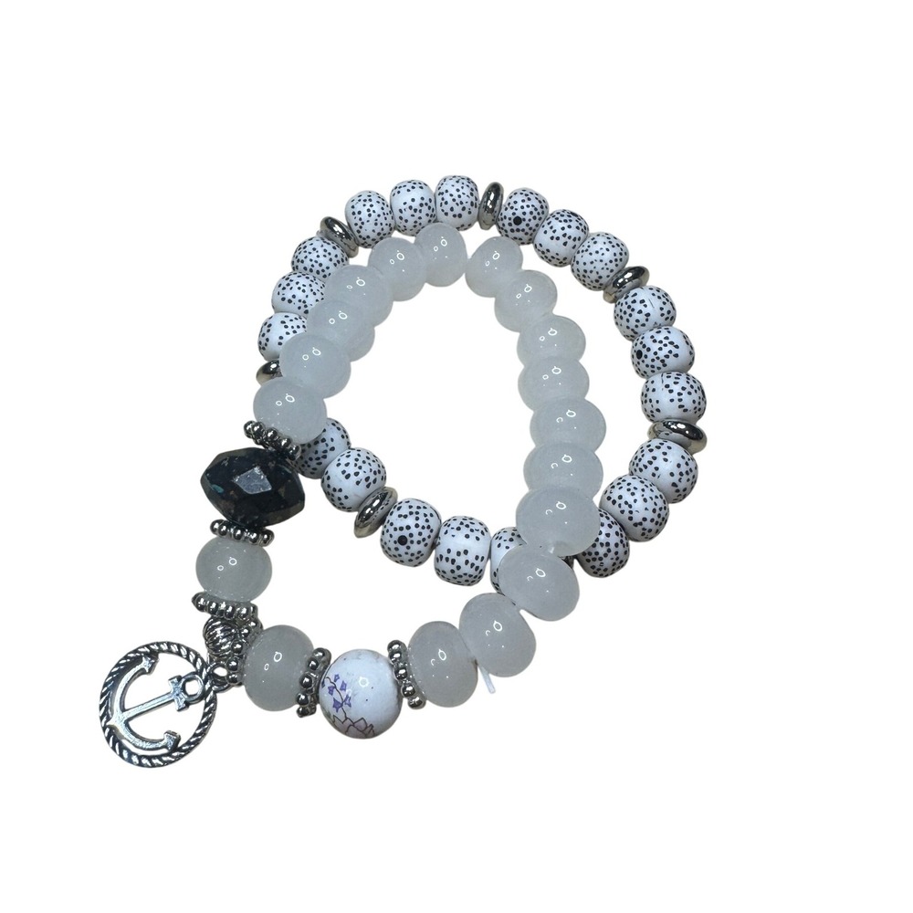 Beaded Bracelet Set with Anchor Charm, White, Black, Silver